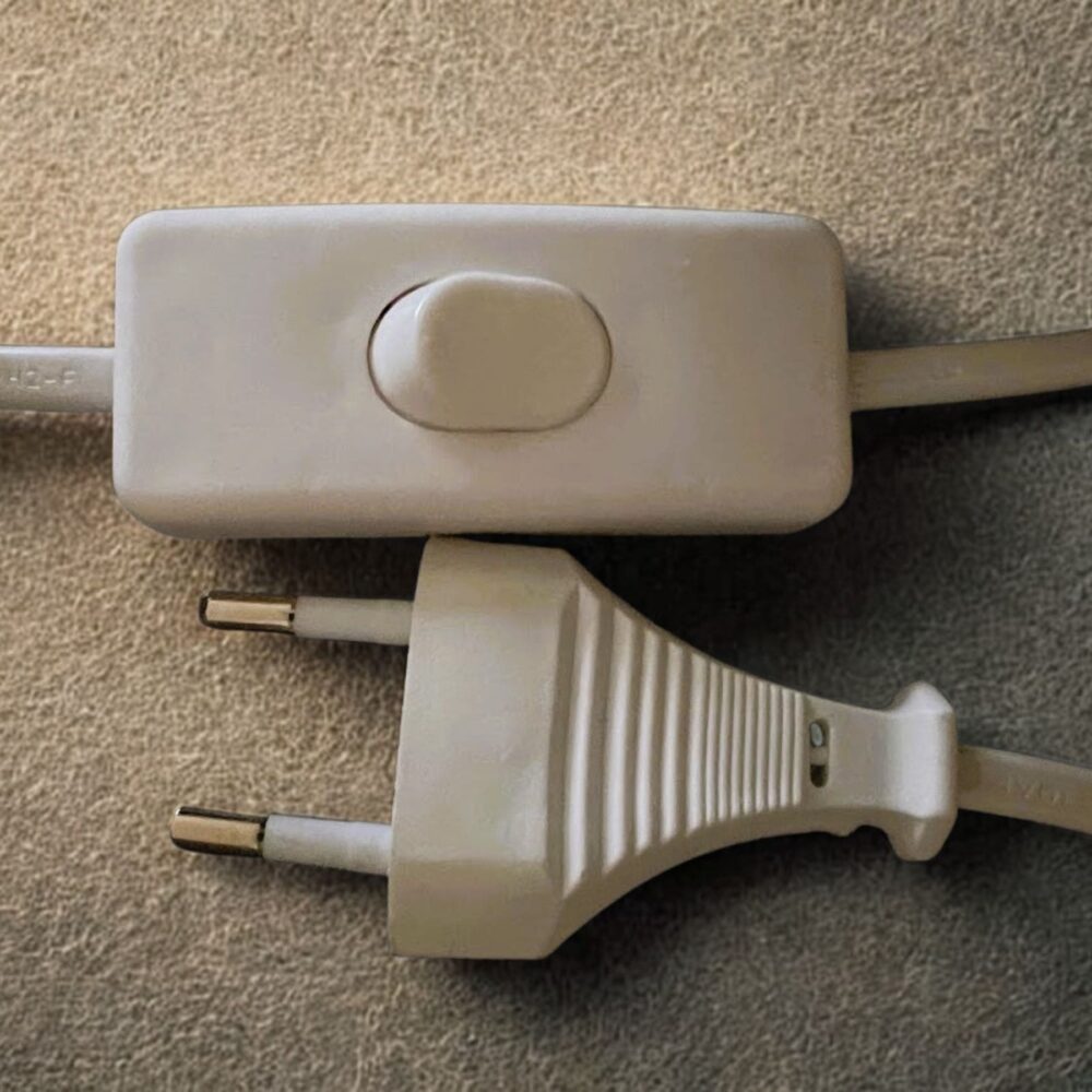 Himalajų druskos šviestuvo elektros laidas su baltu jungikliu ir europinio tipo kištuku.
