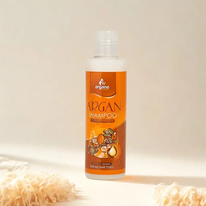 "Argane Achifae" šampūnas su argano aliejumi 200 ml buteliuke pasteliniame fone.