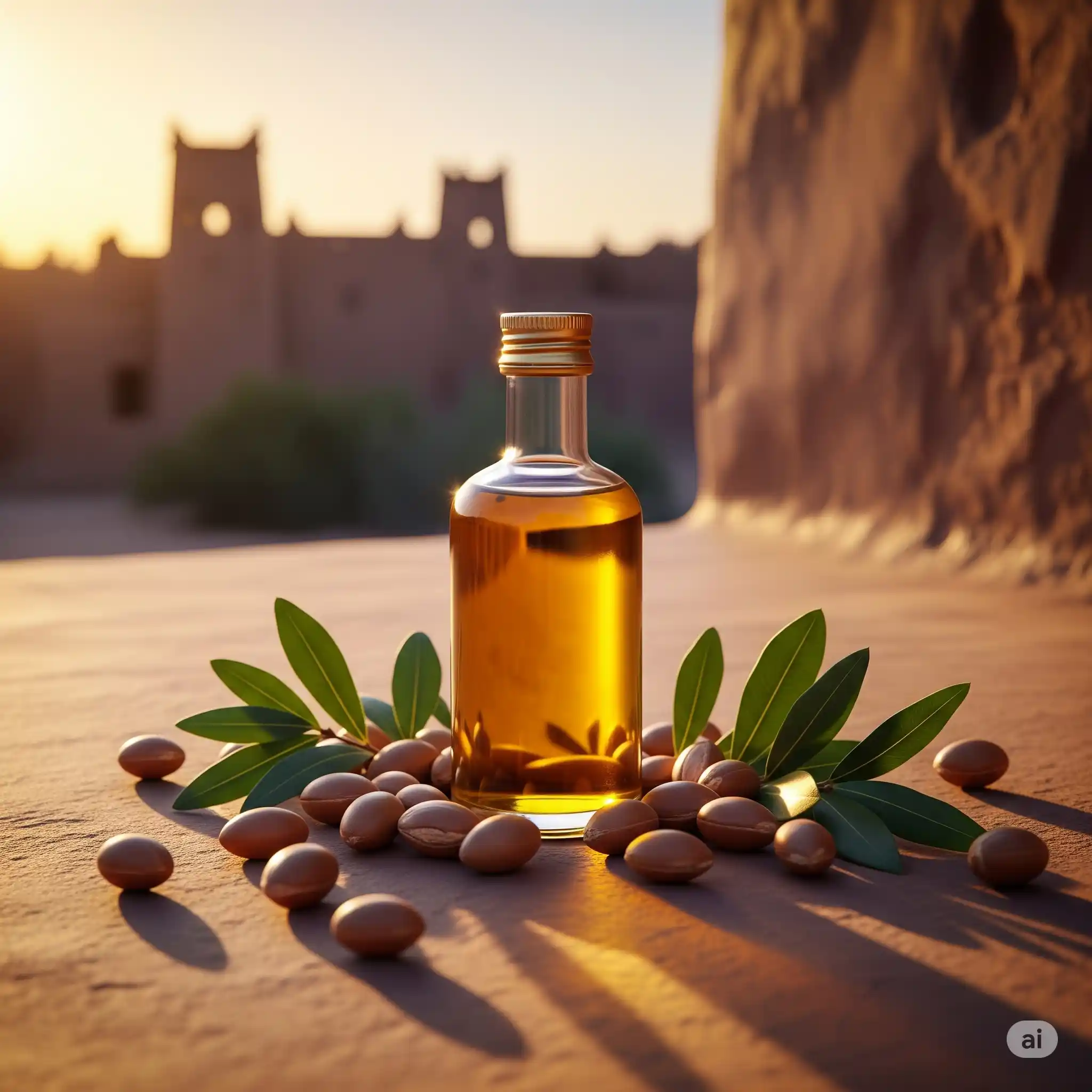 Grynas Maroko argano aliejus natūrali kosmetika, argano riešutai ir lapai saulėlydžio šviesoje