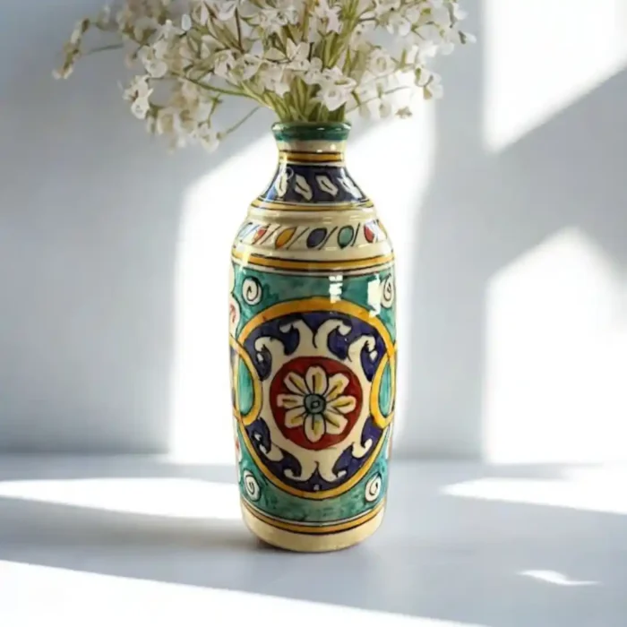 Rankų darbo ryškių spalvų keraminė vaza su mandalos ornamentais.