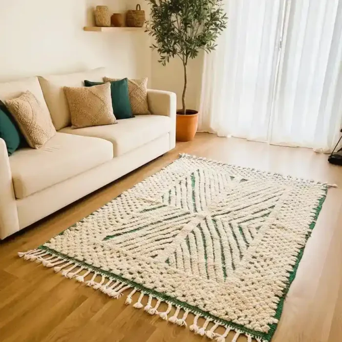 Rankų darbo vilnonis kilimas su žaliais akcentais ir geometriniais raštais svetainės interjere.