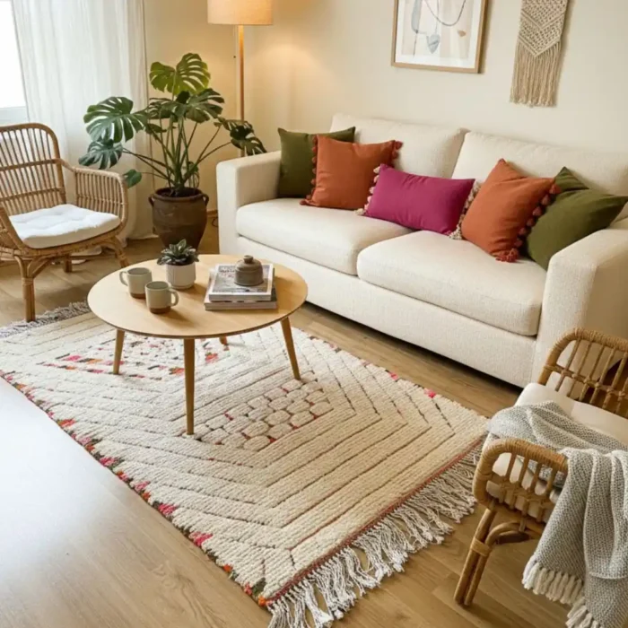 Šviesus marokietiškas vilnonis kilimas su geometriniais raštais jaukiame svetainės interjere.