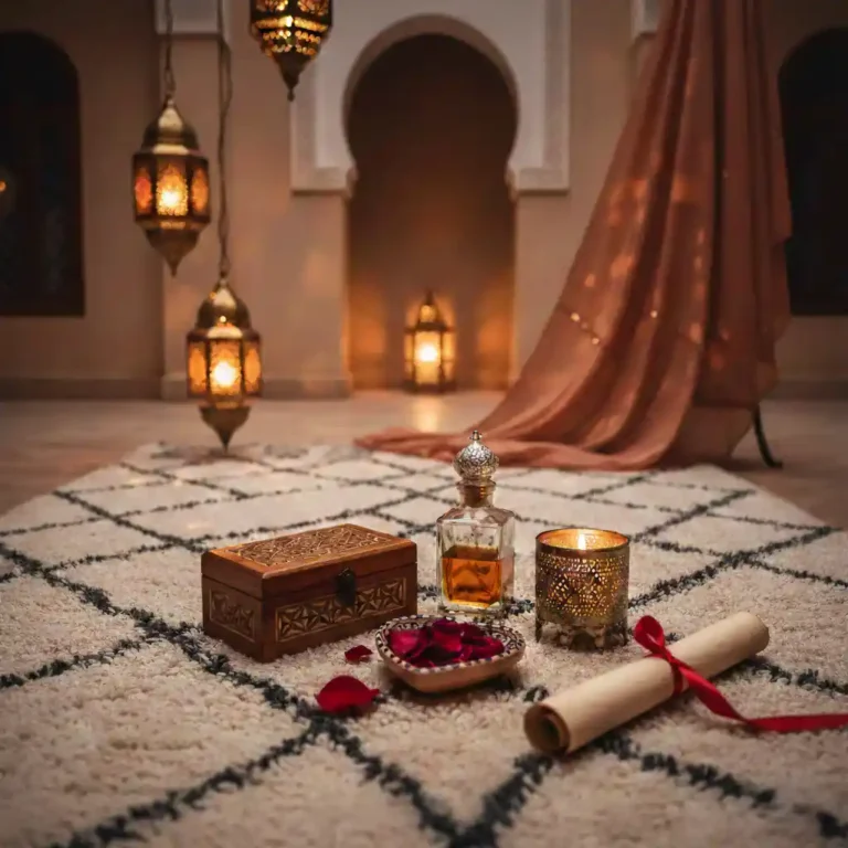 Romantiškas Maroko stiliaus interjeras su žibintais, rožių žiedlapiais ir dovanų dėžute ant kilimo.