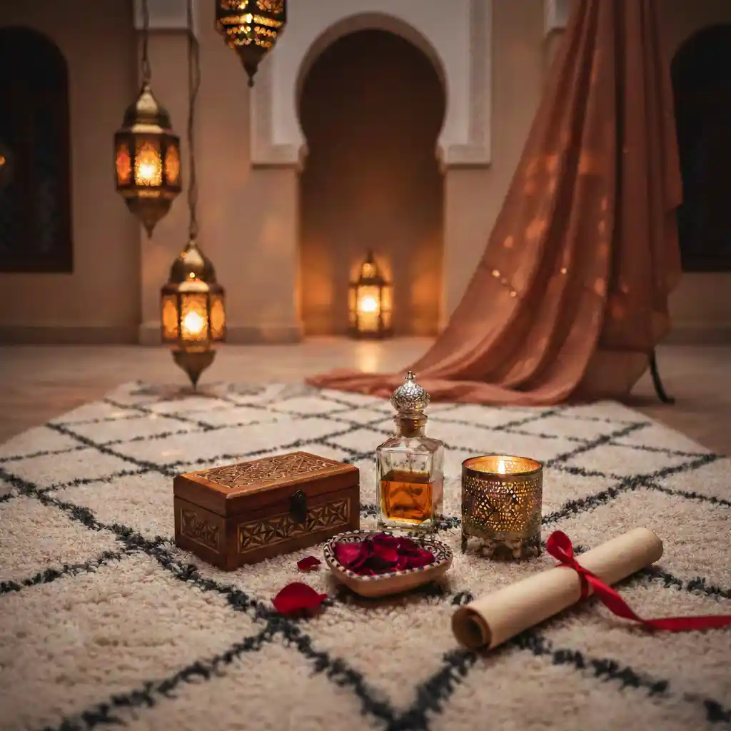 Romantiškas Maroko stiliaus interjeras su žibintais, rožių žiedlapiais ir dovanų dėžute ant kilimo.
